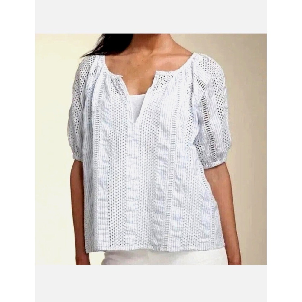A23 Organic‎ by John Patrick Pima Cotton Eyelet Stripe Blouse Blue White Small
